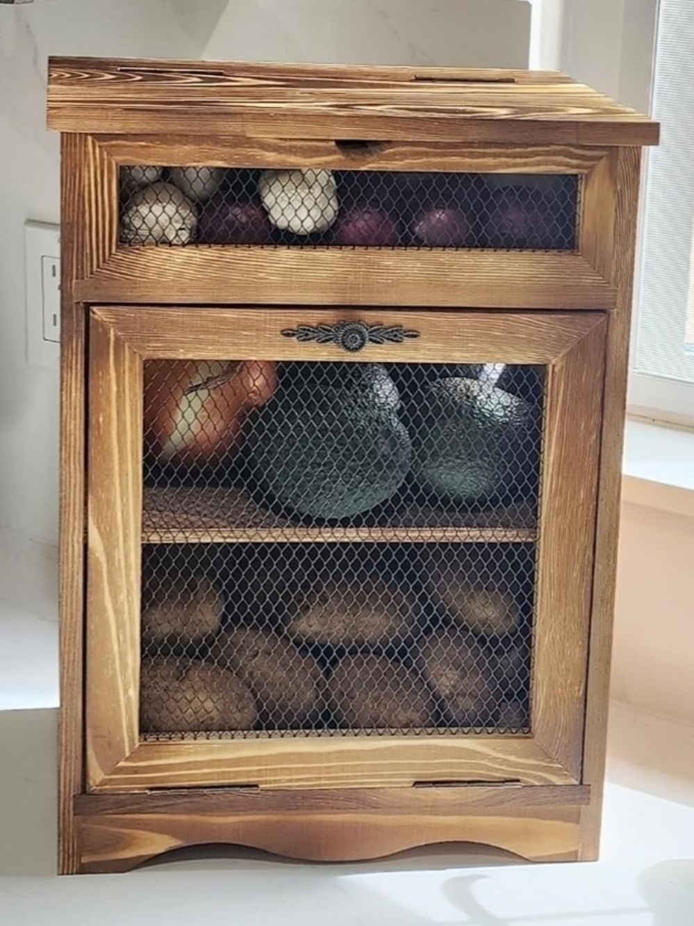 Rustic Wood Countertop Storage Cabinet- Wire Mesh Doors Veggie Bin Bread Display